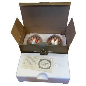 Waterford Holiday Heirlooms Pair Candlestick Holder Gold Red 2002 In Orig Box